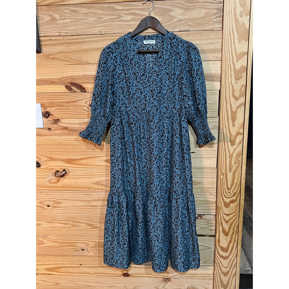Solution Maxi Modest Minimalist Prairie Dress Flowy Smocked Blue Tiered Small
